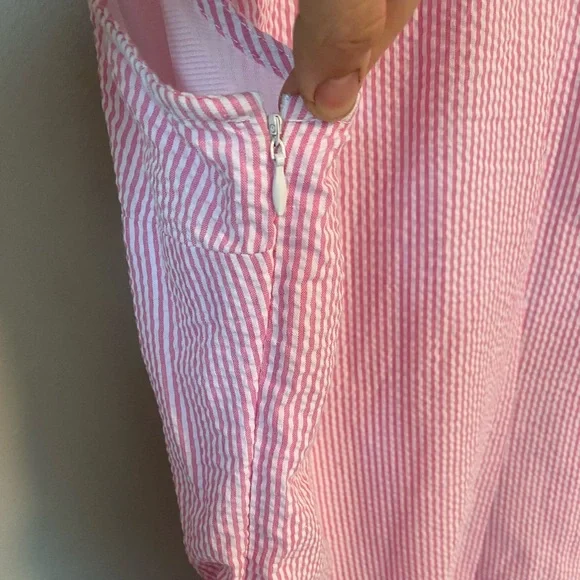 Mud Pie Pink and White Seersucker Sleeveless Ruffle Dress - Picture 6 of 7